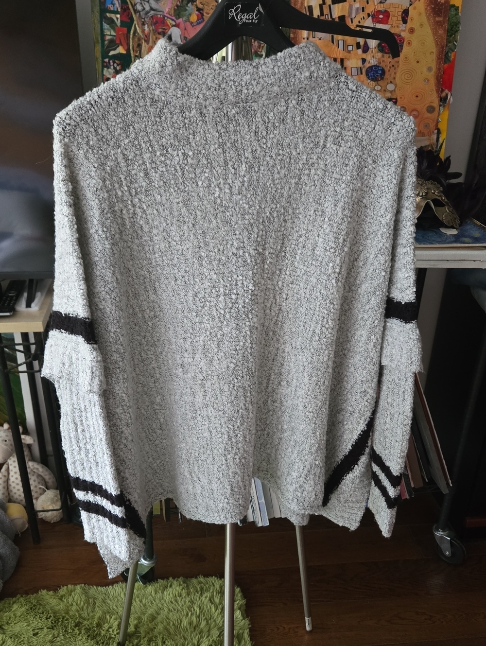 Beacon Light Gray Bouclé Crew Sweater with Black Stripe Accents